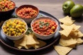 Homemade salsa. Bowls with salsa and nachos on grey background .tortilla chips. Generative AI