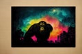 An Illustration of a gorilla on abstract watercolor background. Watercolor paint of an orangutan. Digital art, Generative AI