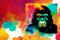 An Illustration of a gorilla on abstract watercolor background. Watercolor paint of an orangutan. Digital art, Generative AI