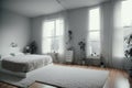 Interior of modern bedroom with comfortable king size bed and window with countryside view. Generative AI