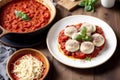 Italian cuisine. Assorted italian appetizers on a plate. Spaghetti with meatballs, tomato sauce and basil. Generative AI