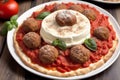 Italian cuisine. Assorted italian appetizers on a plate. Spaghetti with meatballs, tomato sauce and basil. Generative AI