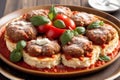 Italian cuisine. Assorted italian appetizers on a plate. Spaghetti with meatballs, tomato sauce and basil. Generative AI Royalty Free Stock Photo