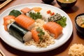 japanese cuisine. sushi and rolls on the table in the restaurant. Generative AI Royalty Free Stock Photo