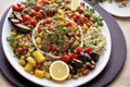 Mediterranean cuisine. Couscous with grilled chicken fillets and vegetables on plate. Generative AI Royalty Free Stock Photo