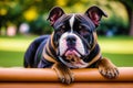 Portrait of a beautiful dog breed English Bulldog. A beautiful American Bulldog dog in the park. Generative AI