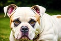 Portrait of a beautiful dog breed English Bulldog. A beautiful American Bulldog dog in the park. Generative AI