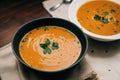 Pumpkin soup with cream and parsley. Creamy tomato soup. Chicken noodle soup. Generative AI Royalty Free Stock Photo