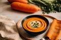 Pumpkin soup with cream and parsley. Creamy tomato soup. Chicken noodle soup. Generative AI Royalty Free Stock Photo