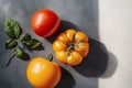 Red tomatoes with green leaves on a white background. Close-up. Healthy food concept. Generative AI Royalty Free Stock Photo