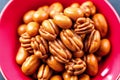 Roasted peanuts in white bowl on wooden background. Close up. Generative AI Royalty Free Stock Photo