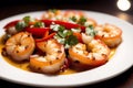 Shrimps with parsley and lemon on a white plate. Generative AI Royalty Free Stock Photo