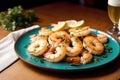 Shrimps with parsley and lemon on a white plate. Generative AI Royalty Free Stock Photo