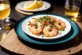 Shrimps with parsley and lemon on a white plate. Generative AI Royalty Free Stock Photo