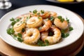 Shrimps with parsley and lemon on a white plate. Generative AI Royalty Free Stock Photo