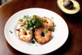 Shrimps with parsley and lemon on a white plate. Generative AI Royalty Free Stock Photo