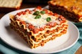 A stack of lasagna with a slice of lasagna on top on a wooden table. Generative AI