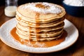 Stack of pancakes with maple syrup and sugar powder on a white plate. strawberries and whipped cream, Generative AI Royalty Free Stock Photo