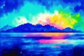 Sunset over the sea. Colorful background. Watercolor paint. Generative AI Royalty Free Stock Photo