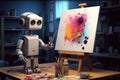 Generative AI art technology concept, robot painting picture in studio. comeliness