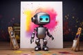 Generative AI art technology concept, robot painting picture in studio. comeliness