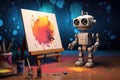 Generative AI art technology concept, robot painting picture in studio. comeliness