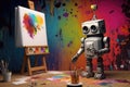 Generative AI art technology concept, robot painting picture in studio. comeliness