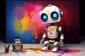 Generative AI art technology concept, robot painting picture in studio. comeliness