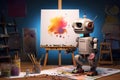 Generative AI art technology concept, robot painting picture in studio. comeliness