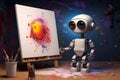 Generative AI art technology concept, robot painting picture in studio. comeliness