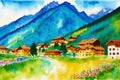 A watercolor town. Alpine Tranquility. Watercolor Painting of a Swiss Alpine Village. Generative AI