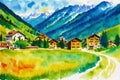 A watercolor town. Alpine Tranquility. Watercolor Painting of a Swiss Alpine Village. Generative AI