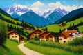 A watercolor town. Alpine Tranquility. Watercolor Painting of a Swiss Alpine Village. Generative AI