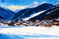 A watercolor town. Alpine Tranquility. Watercolor Painting of a Swiss Alpine Village. Generative AI