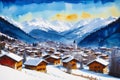 A watercolor town. Alpine Tranquility. Watercolor Painting of a Swiss Alpine Village. Generative AI