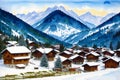 A watercolor town. Alpine Tranquility. Watercolor Painting of a Swiss Alpine Village. Generative AI