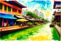 A watercolor town. Colors of Thailand. Watercolor Painting of a Thai Town. Generative AI