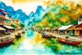 A watercolor town. Colors of Thailand. Watercolor Painting of a Thai Town. Generative AI