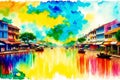 A watercolor town. Colors of Thailand. Watercolor Painting of a Thai Town. Generative AI