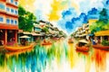A watercolor town. Colors of Thailand. Watercolor Painting of a Thai Town. Generative AI