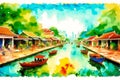 A watercolor town. Colors of Thailand. Watercolor Painting of a Thai Town. Generative AI