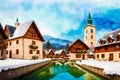 A watercolor town. Germany, Austria. Watercolor Painting of a German or Austrian Town. Generative AI