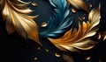 Artistic Render of Luxurious Metallic Feathers in Gold and Teal Hues, a Symbolic Composition of Elegance and Grace on a Dark Royalty Free Stock Photo