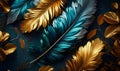 Artistic Render of Luxurious Metallic Feathers in Gold and Teal Hues, a Symbolic Composition of Elegance and Grace on a Dark Royalty Free Stock Photo