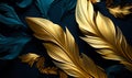 Artistic Render of Luxurious Metallic Feathers in Gold and Teal Hues, a Symbolic Composition of Elegance and Grace on a Dark Royalty Free Stock Photo