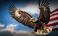 Eagle With American Flag Flies In Freedom, blurred blue sky background, in morning, generative AI