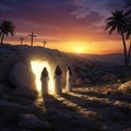 Sunrise at the Empty Tomb with Three Figures and Crosses on the Hill Royalty Free Stock Photo