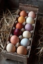 Generative AI. Assorted eggs in a rustic carton resting on straw, showcasing a variety of colors and textures, highlighting Royalty Free Stock Photo