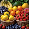 Generative AI. Assorted Fresh Fruits Displayed in Wicker Baskets at a Market Stall Royalty Free Stock Photo