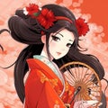 Generative ai. Attractive geisha in black kimono with flowers.